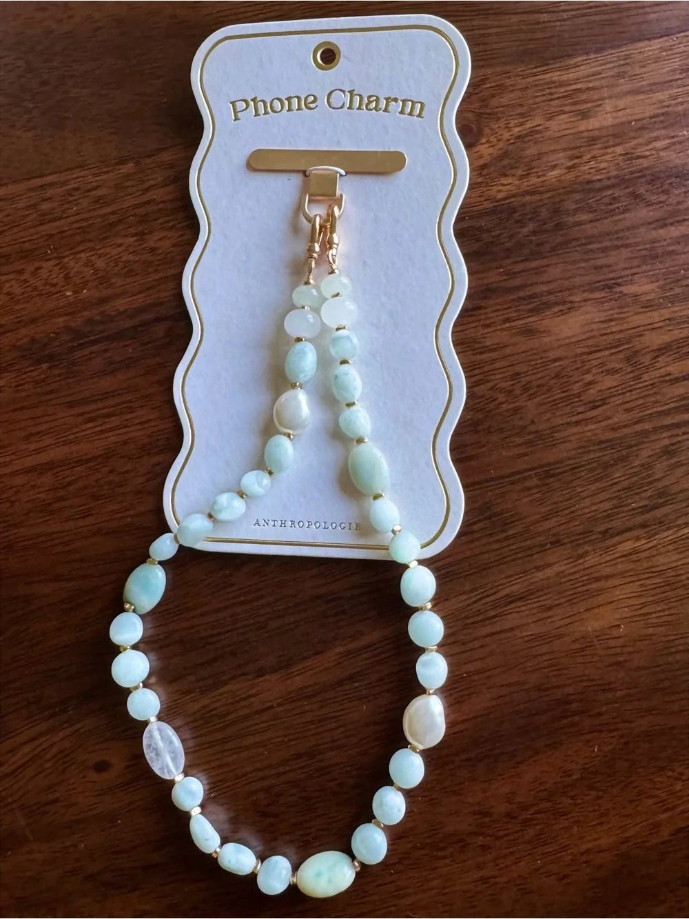 Anthropologie Milky mint Beaded Phone Chain NWT Aqua Pearl Gold Wrist Strap